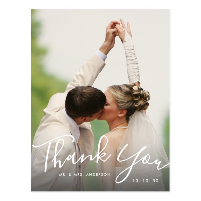 Chic Hand Lettered Script Photo Wedding Thank You Postcard