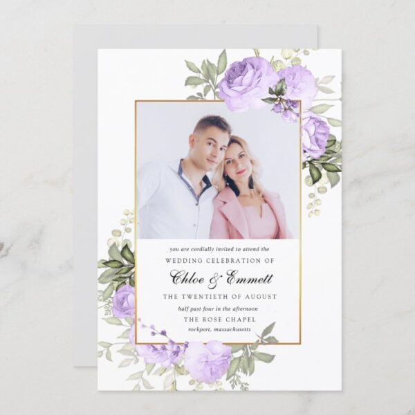 Chic Purple Rose Rustic Floral Wedding Photo Invitation