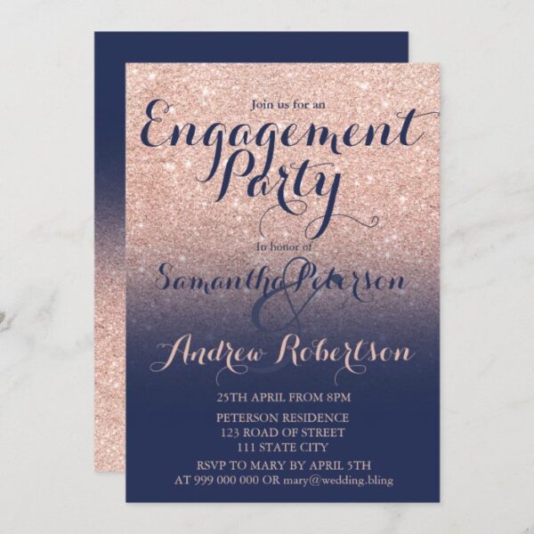 Chic rose gold glitter navy blue engagement party invitation