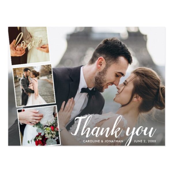 Chic Script 4 Photo Collage Wedding Thank You Postcard