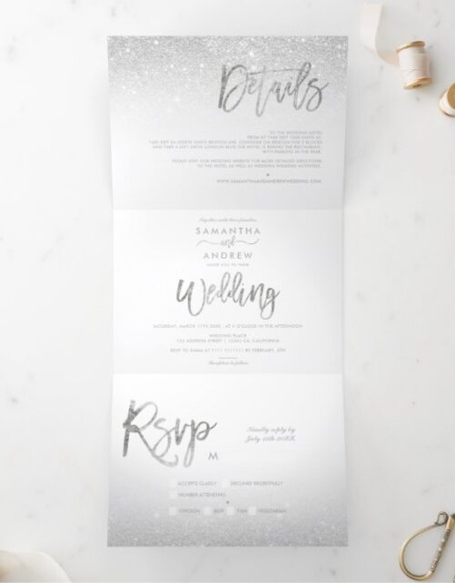 Chic silver glitter typography ombre white wedding Tri-Fold invitation