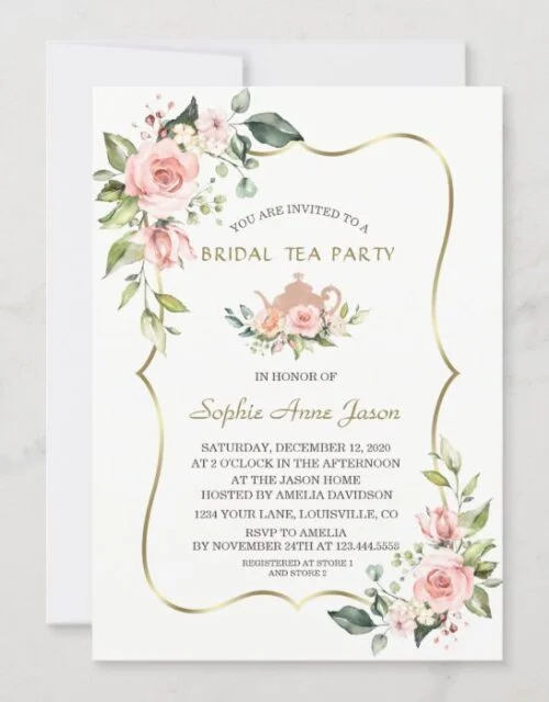Chic Watercolor Blush Floral Gold Bridal Tea Party Invitation
