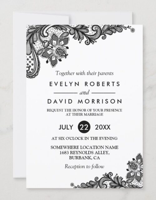 Classy Black White Lace Pattern Formal Wedding Invitation