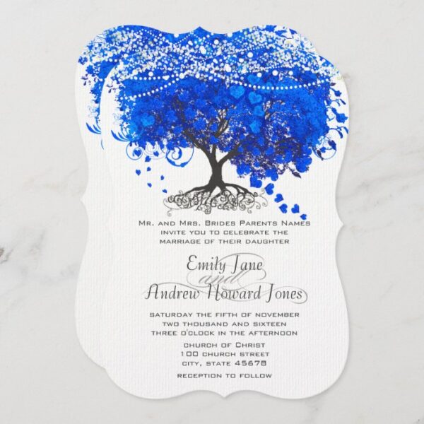 Cobalt Blue Heart Leaf Tree Wedding Invitation