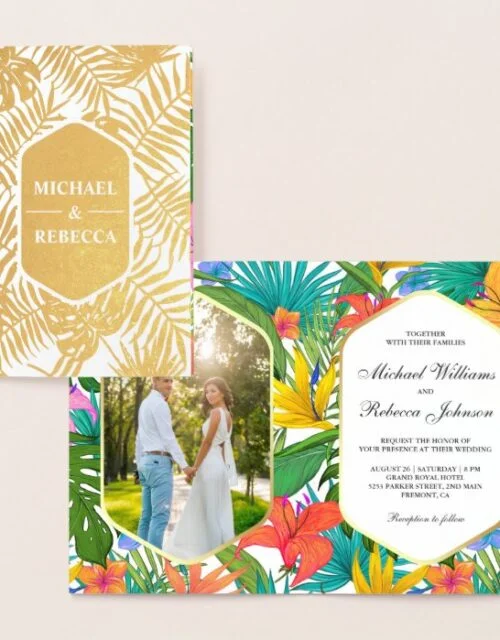 Colorful Garden Gold Foil Tropical Wedding Invite
