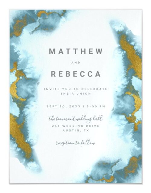 Contemporary Gold Splatter Blue Watercolor Wedding Magnetic Invitation