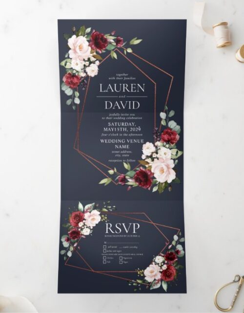 Copper Geometric Burgundy Blue Floral  Wedding Tri-Fold Invitation