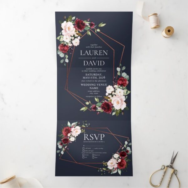 Copper Geometric Burgundy Blue Floral  Wedding Tri-Fold Invitation