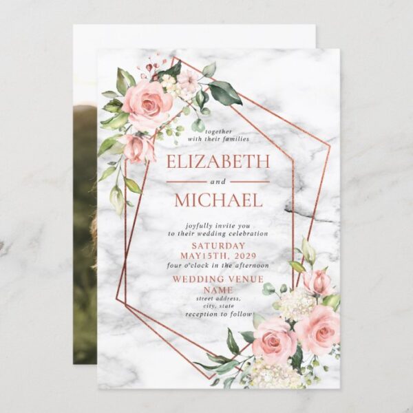 Copper Geometric Marble Pink Floral Wedding Invitation