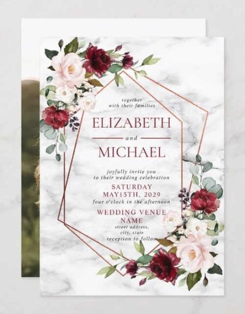 Copper Marble Geometric Burgundy Photo Wedding Invitation