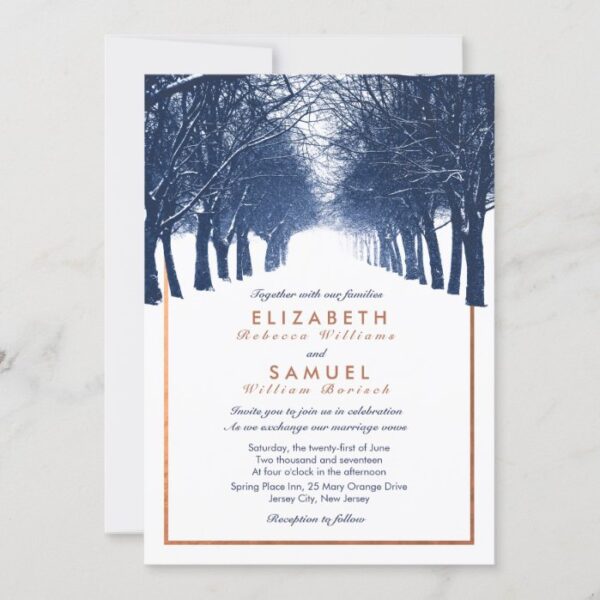 Copper Navy Winter Trees Avenue Wedding Invitation
