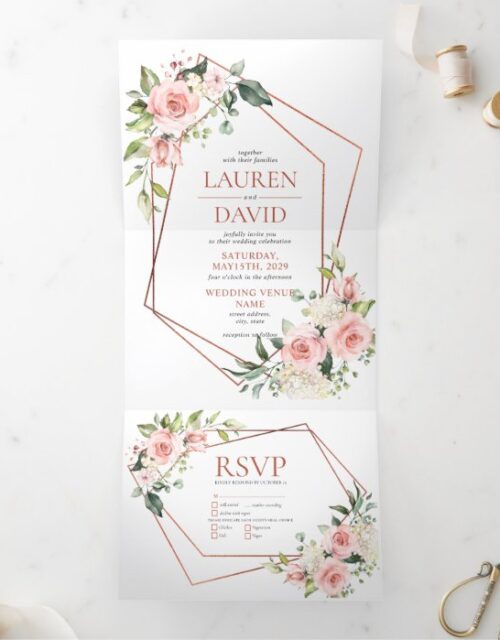 Copper Peach Pink Floral Eucalyptus Wedding Tri-Fold Invitation