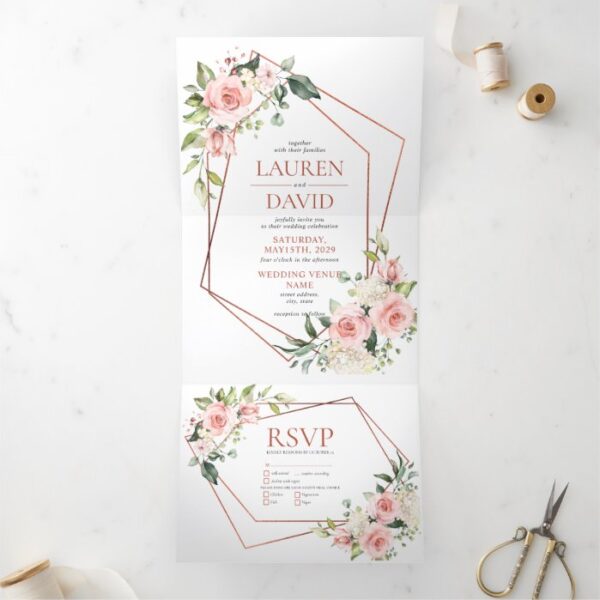 Copper Peach Pink Floral Eucalyptus Wedding Tri-Fold Invitation