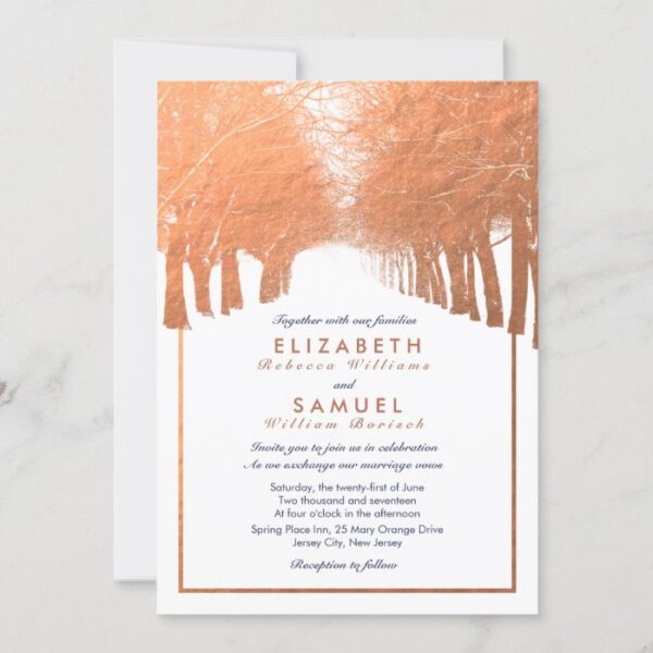Copper Winter Trees Avenue Navy Wedding Invitation