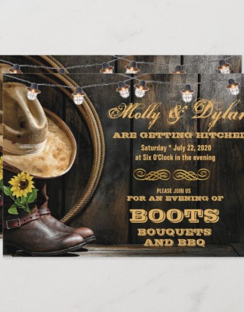 Country Boots Hat & Barn Wood Wedding Invitations