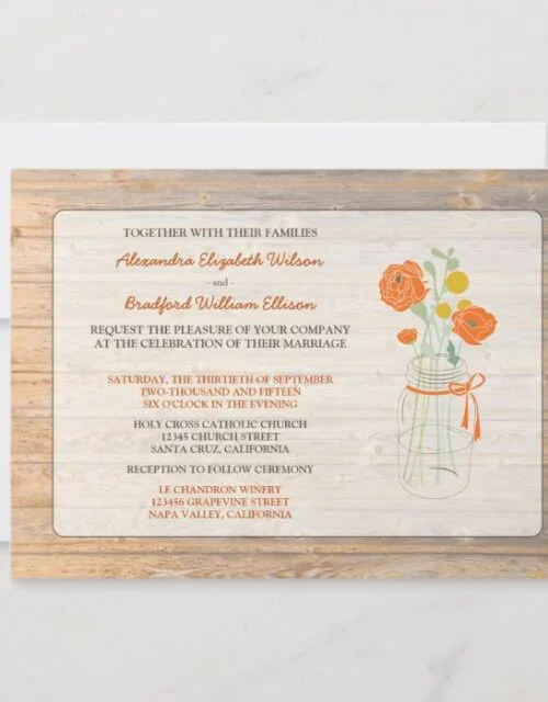 Country Rustic Mason Jar Wedding Invitation: coral Invitation