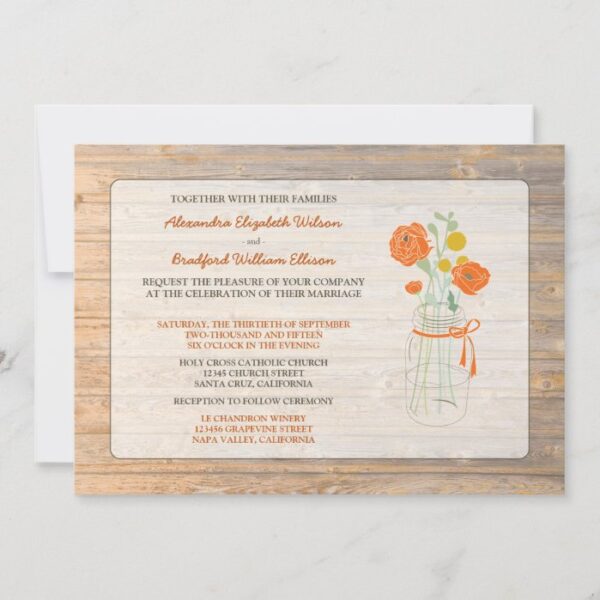 Country Rustic Mason Jar Wedding Invitation: coral Invitation