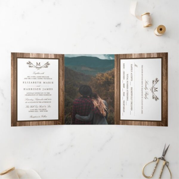 Country Rustic Monogram Branch & Wood Wedding Tri-Fold Invitation