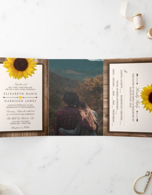Country Rustic Sunflower & Wood Wedding Suite Tri-Fold Invitation