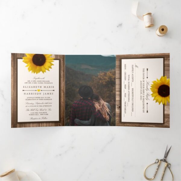 Country Rustic Sunflower & Wood Wedding Suite Tri-Fold Invitation