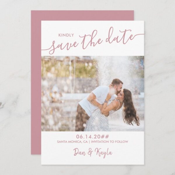 Couple Photo and Elegant Script Rose Pink Save The Date