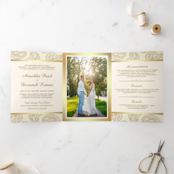 Cream and Gold Paisley Indian Style Wedding Photo Tri-Fold Invitation