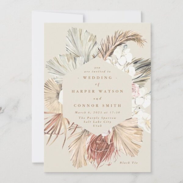 Cream Pampas Dried Grass Floral Jungle Wedding Invitation