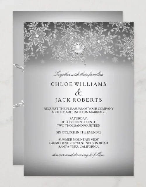 Crystal Pearl Snowflake Silver Winter Wedding Invitation
