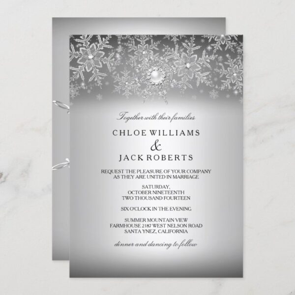 Crystal Pearl Snowflake Silver Winter Wedding Invitation