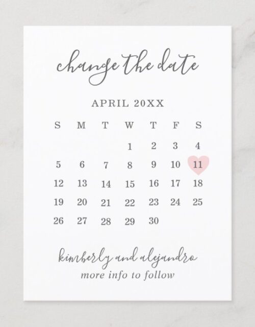 Cute Calendar Pink Heart Change the Date Announcement Postcard