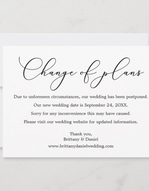 Delicate Calligraphy Change Of Plans Wedding Card