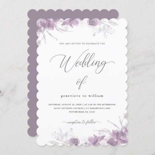 Delicate Purple Floral with Calligraphy Wedding Invitation