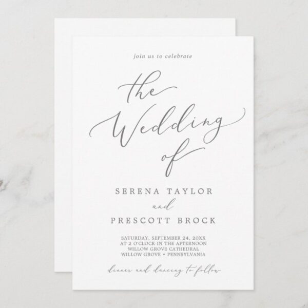 Delicate Silver Calligraphy All In One Wedding Invitation