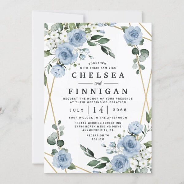 Dusty Blue and Gold Elegant Floral Rustic Wedding Invitation