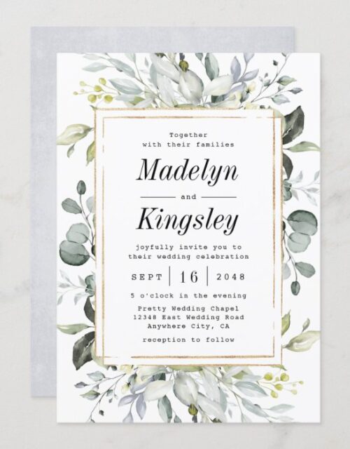 Dusty Blue and Gold Elegant Rustic Floral Wedding Invitation