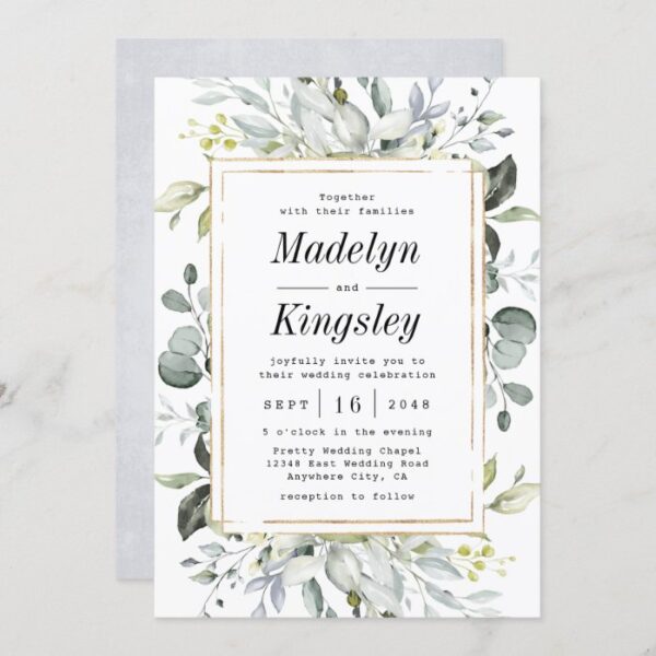 Dusty Blue and Gold Elegant Rustic Floral Wedding Invitation