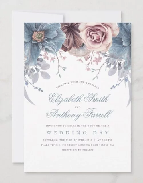 Dusty Blue and Mauve Watercolor Floral Wedding Invitation