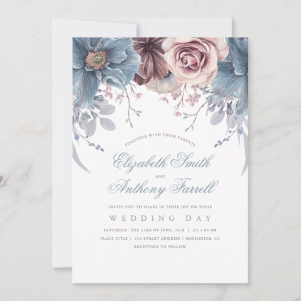 Dusty Blue and Mauve Watercolor Floral Wedding Invitation