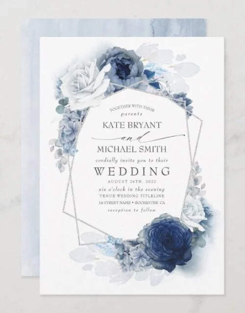 Dusty Blue and Navy Floral Elegant Silver Wedding Invitation