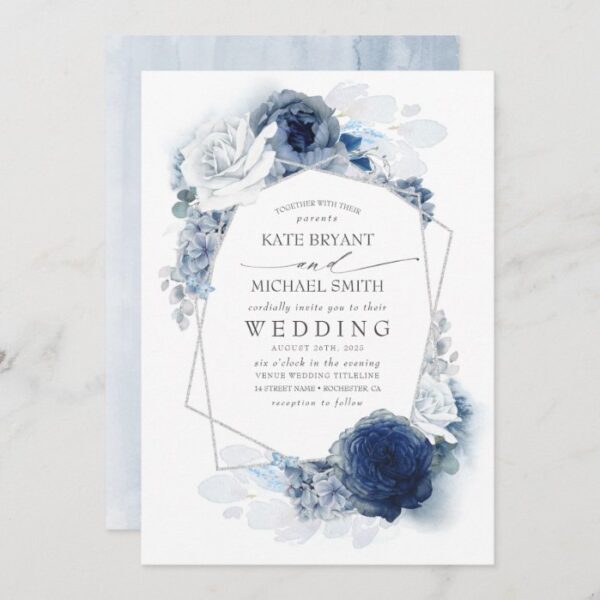 Dusty Blue and Navy Floral Elegant Silver Wedding Invitation