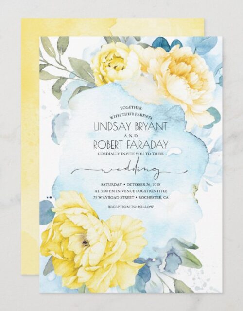Dusty Blue and Yellow Floral Wedding Invitation