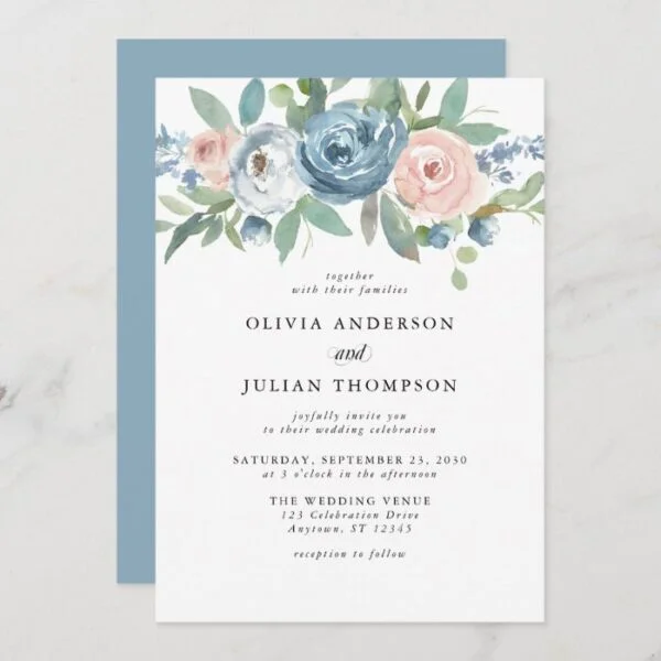 Dusty Blue & Blush Rose Floral Watercolor Wedding Invitation