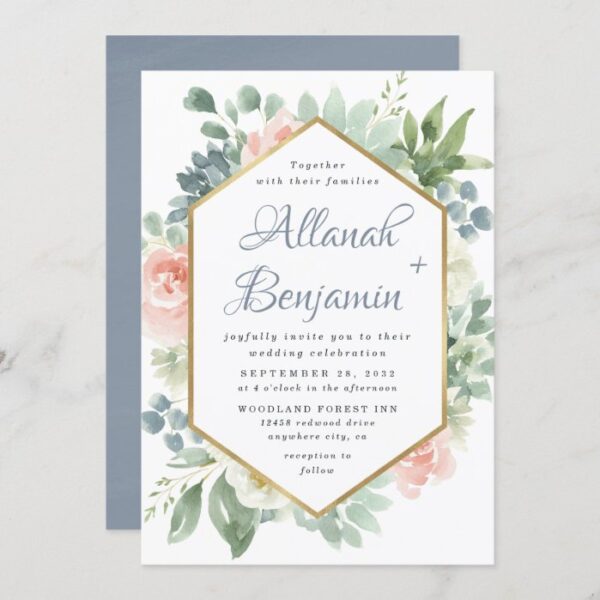 Dusty Blue Blush Succulent Floral Garden Wedding Invitation