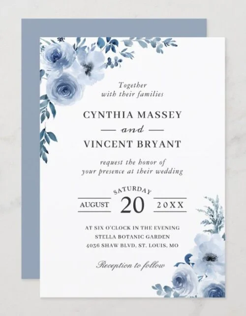 Dusty Blue Bohemian Floral Boho Wedding Invitation