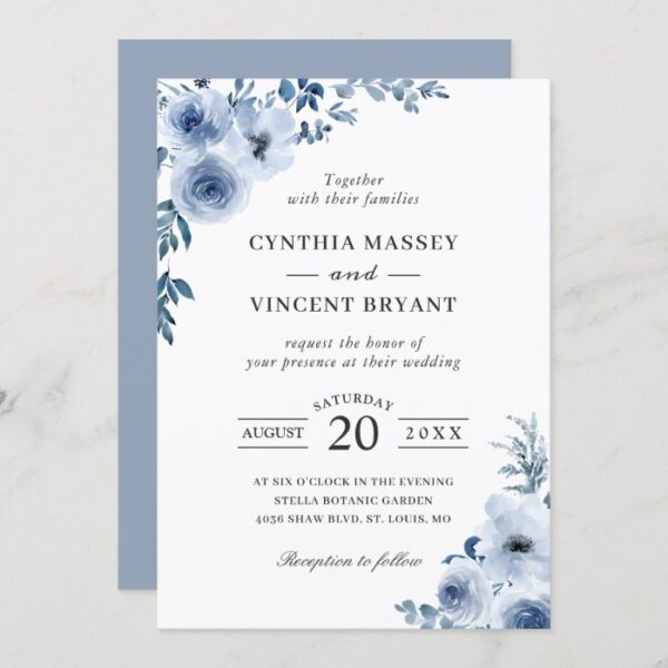 Dusty Blue Bohemian Floral Boho Wedding Invitation