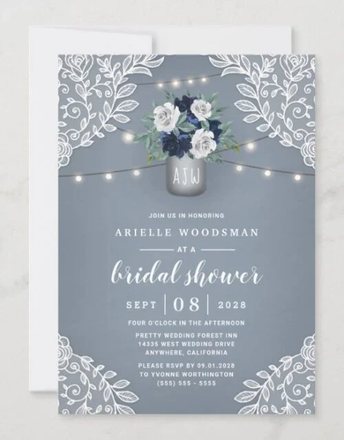 Dusty Blue Country Lace Mason Jar Bridal Shower Invitation