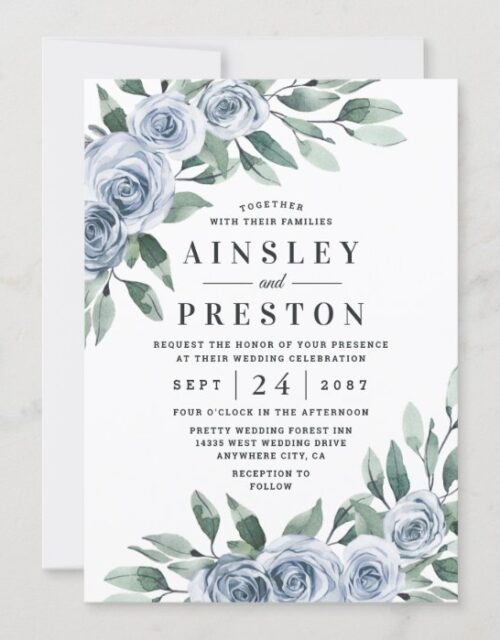 Dusty Blue Elegant Floral Boho Rose Rustic Wedding Invitation