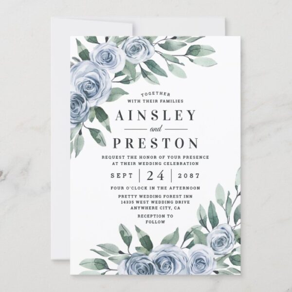 Dusty Blue Elegant Floral Boho Rose Rustic Wedding Invitation