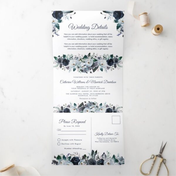 Dusty Blue Floral 3 in 1 Wedding Tri-Fold Invitation