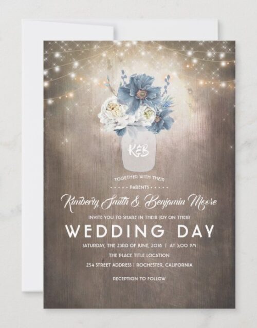 Dusty Blue Floral Mason Jar Rustic Country Wedding Invitation